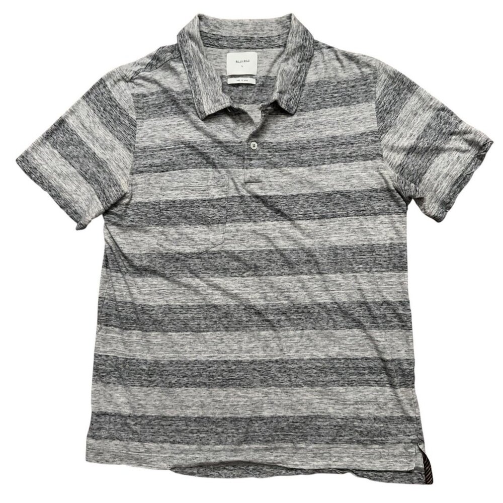 Billy Reid Polo Shirt Mens L Short Sleeve Loop Collar Made in Japan Gray Striped